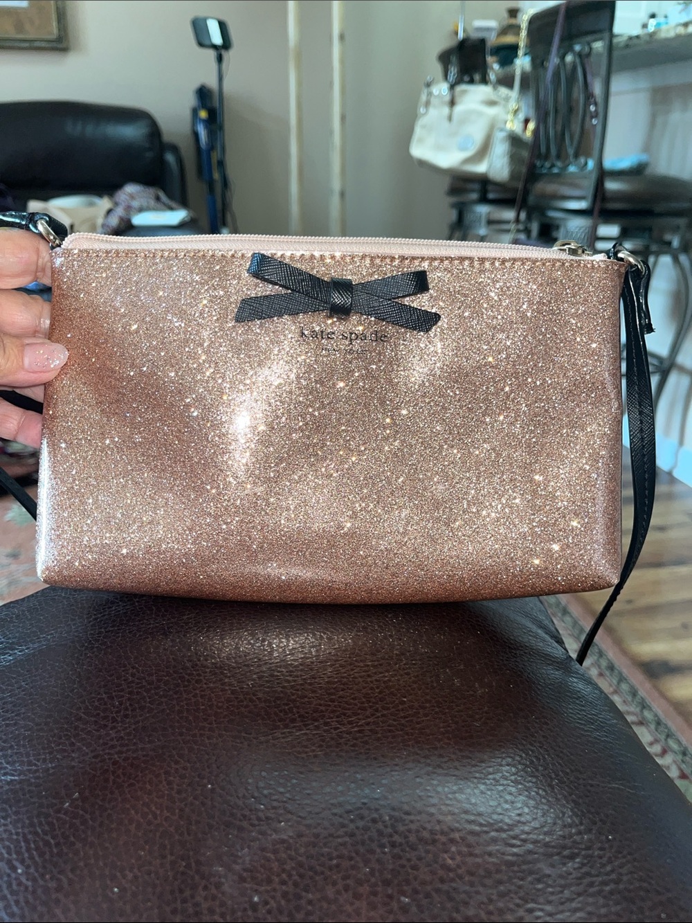 Like new Kate Spade Mavis Street Amy Rose Gold Glitter with Black Bow Crossbody